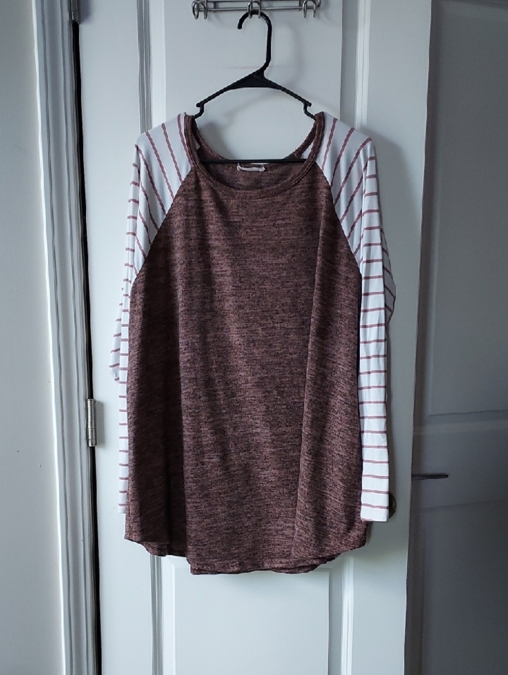 Striped-Sleeve Raglan Top in Mauve Brown and White
